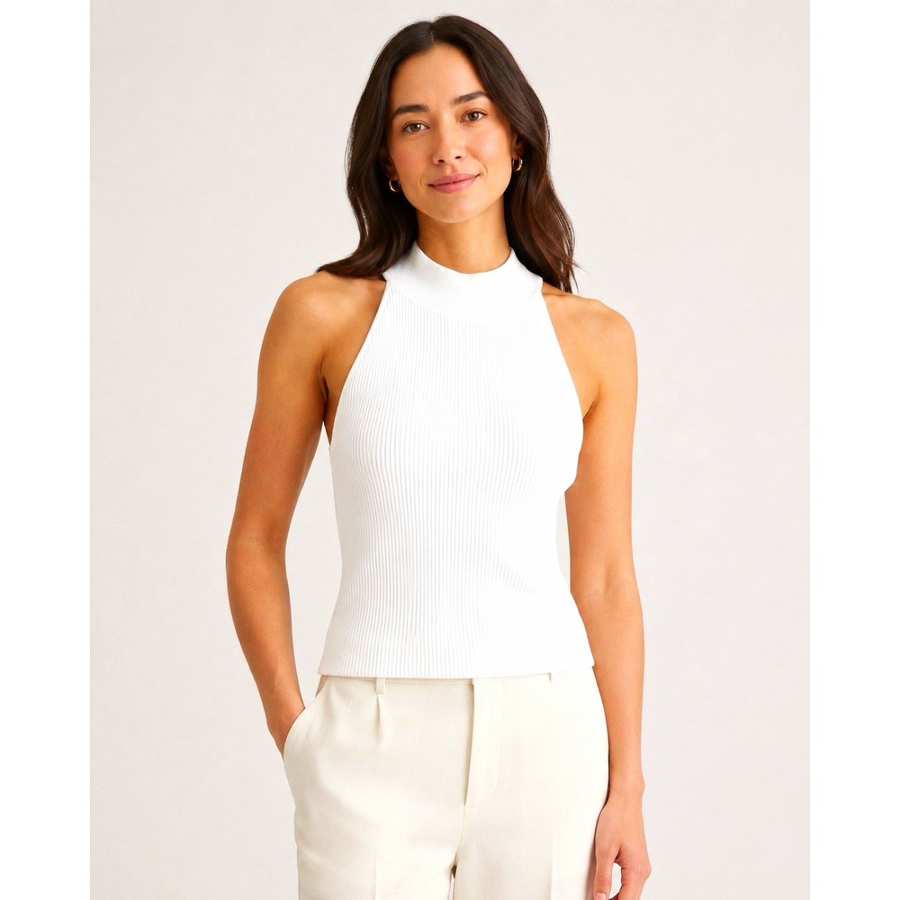 Quince Mockneck Halter Ribbed Knit Tank Top White Women's Small